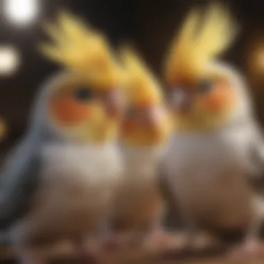 A pair of Cockatiels interacting playfully, demonstrating their social nature.