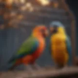 A vibrant display of various pet birds in their cages at a bird show