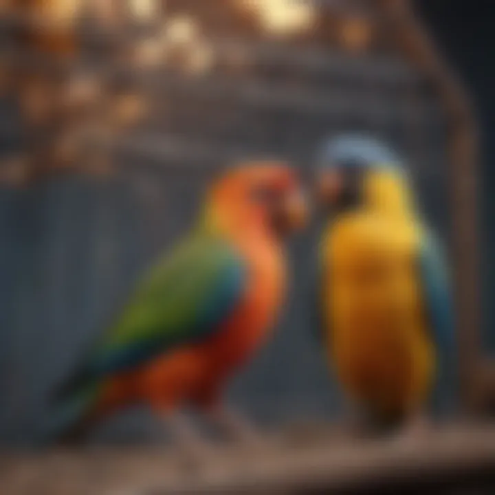 A vibrant display of various pet birds in their cages at a bird show