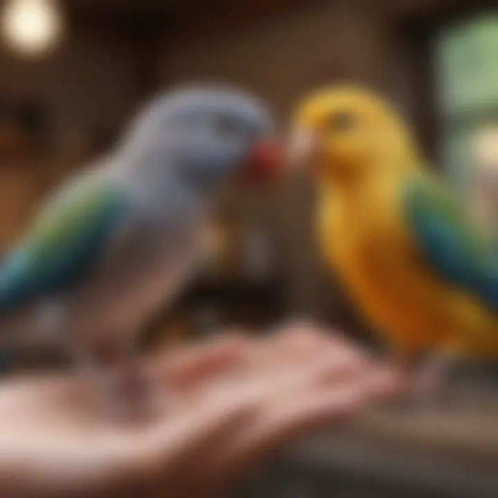 A hand gently interacting with a friendly pet bird