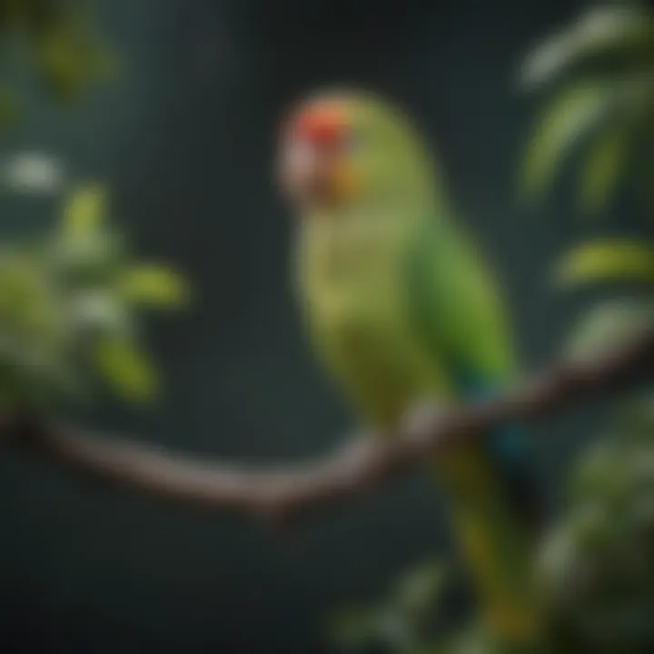 A vibrant parakeet perched on a branch