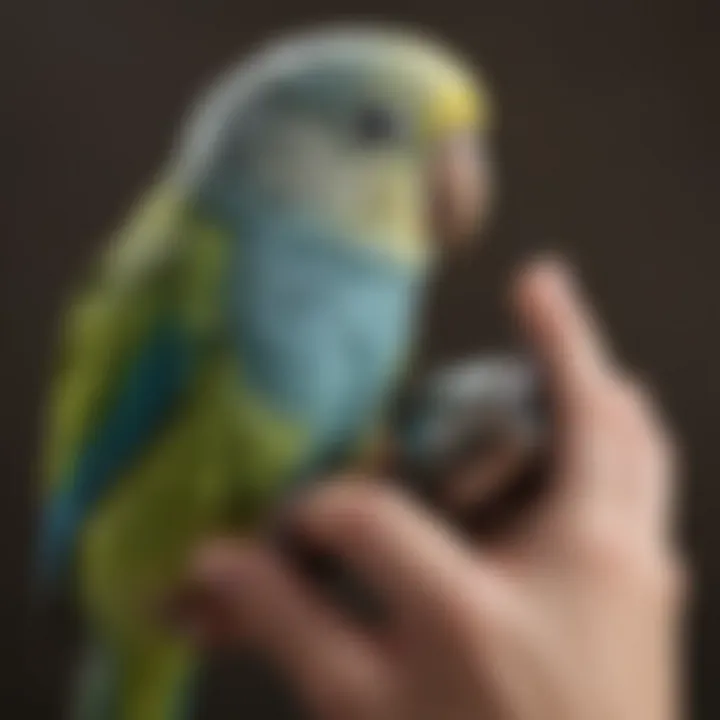 Close-up of a well-cared-for parakeet perched on a hand