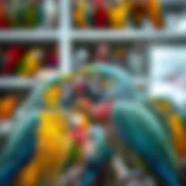 Variety of parrot species in a pet store