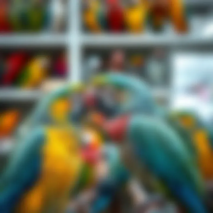 Variety of parrot species in a pet store