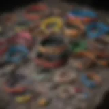 A colorful assortment of bird collars displayed on a soft surface