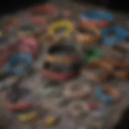 A colorful assortment of bird collars displayed on a soft surface