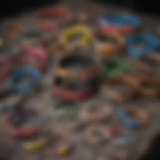 A colorful assortment of bird collars displayed on a soft surface
