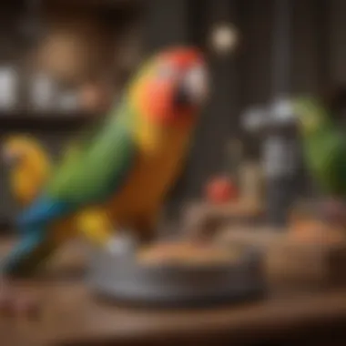 A well-organized feeding station equipped with food bowls and enrichment toys.