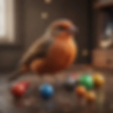 Bird enjoying playtime with toys