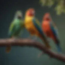 Colorful pet birds perched on a branch