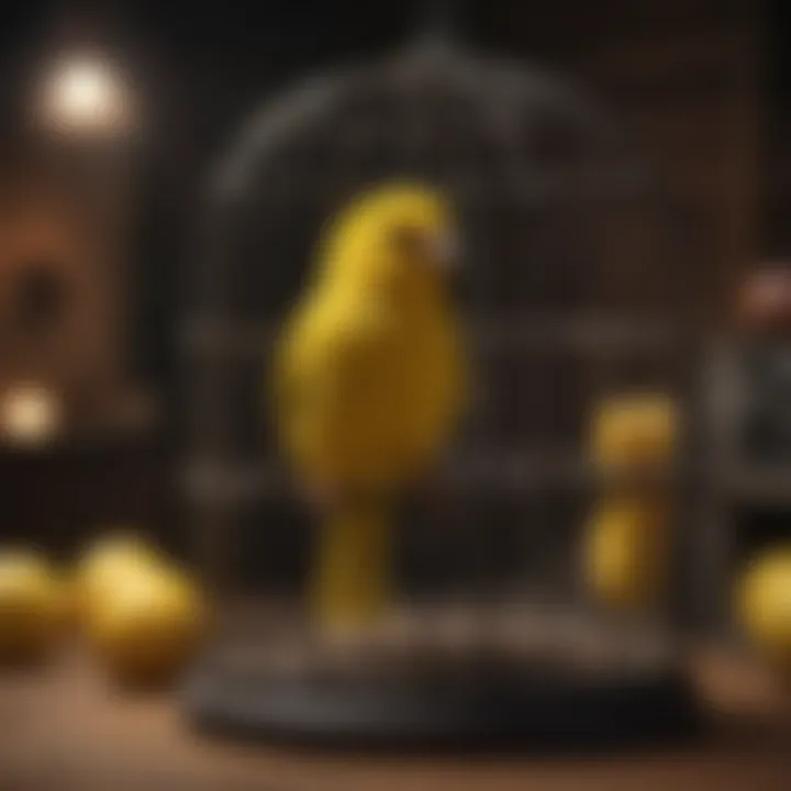 A serene canary singing in a cozy cage, radiating charm.