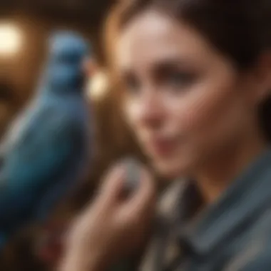 A thoughtful pet owner interacting with her pet bird, sharing a moment of connection.