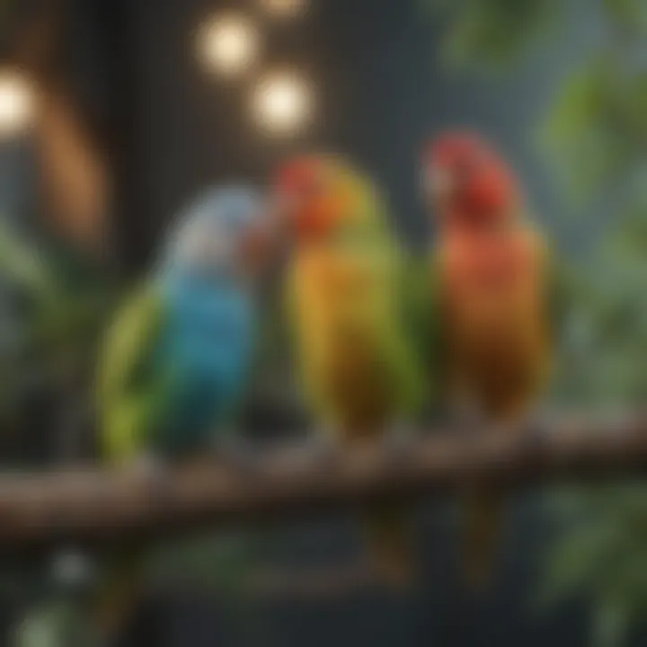 Colorful parakeets perched on a branch