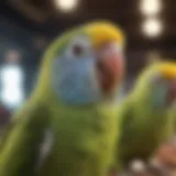 Vibrant parakeets in a pet store