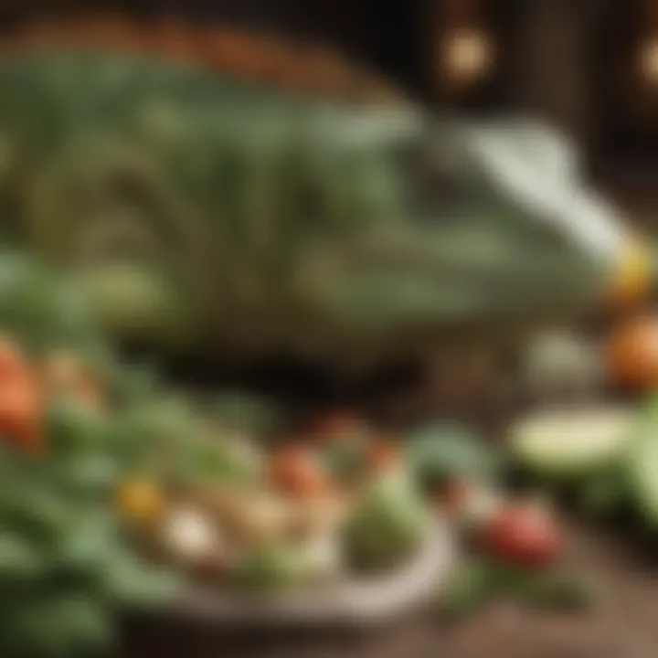 A close-up view of iguana food with fresh vegetables and supplements