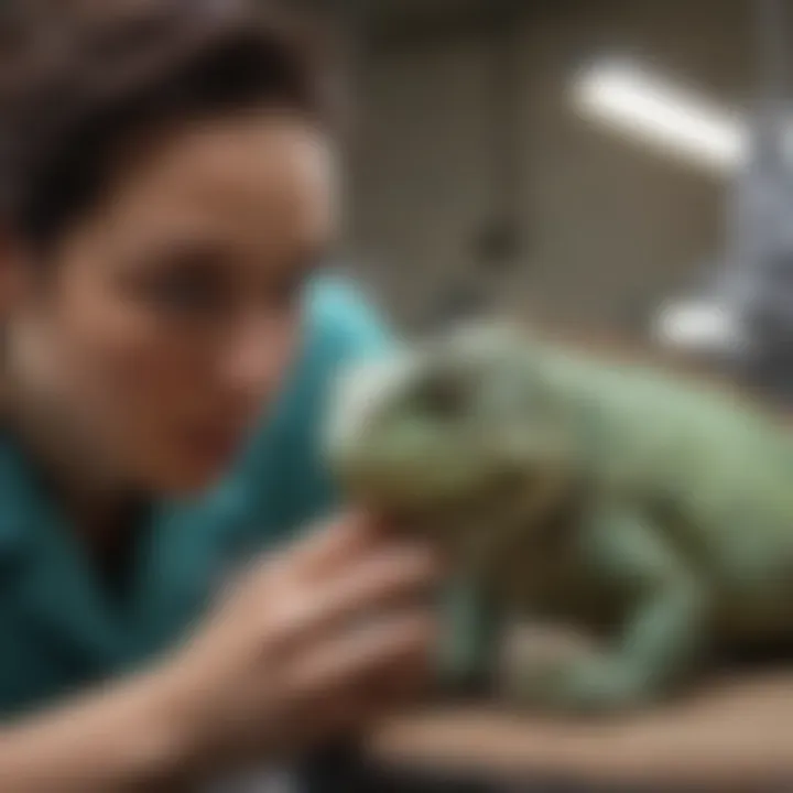 An experienced veterinarian examining an iguana