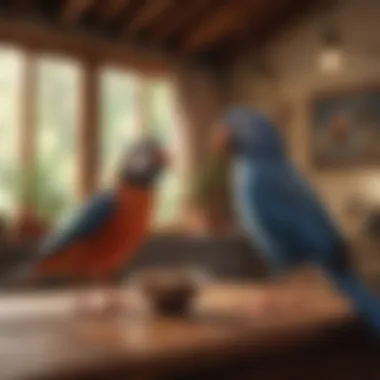 A bird interacting playfully with its owner in a cozy home setting