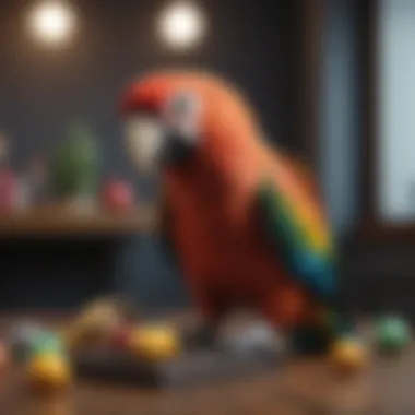 A parrot engaging in play with various enrichment toys.