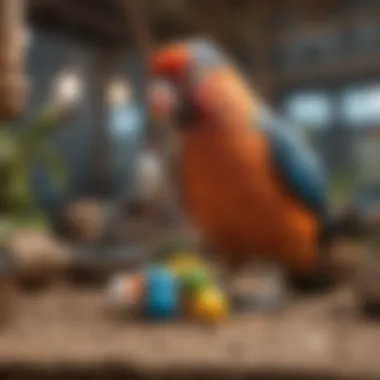 Birds engaging with toys and enrichment materials in an aviary