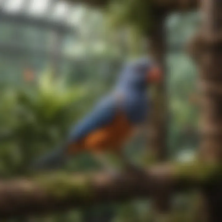 A close-up of enriched environments within an aviary featuring toys, perches, and natural elements.