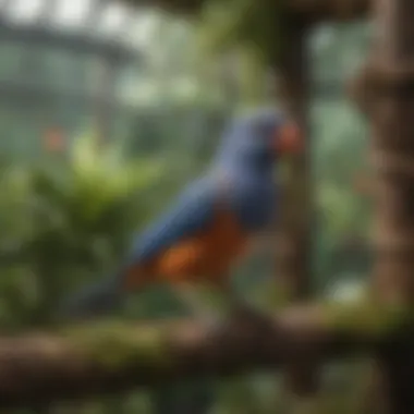 Enriching Avian Habitats A close-up of enriched environments within an aviary featuring toys, perches, and natural elements.