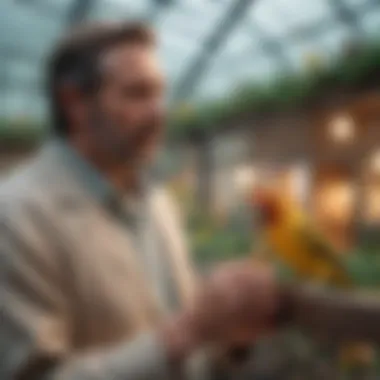 An owner engaging with their pet birds inside a spacious aviary, demonstrating interactive play.