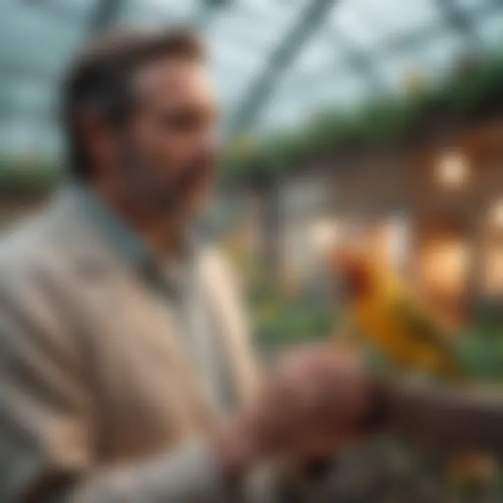 An owner engaging with their pet birds inside a spacious aviary, demonstrating interactive play.