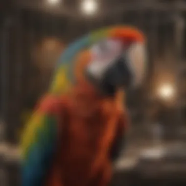 Happy macaw enjoying its cage environment