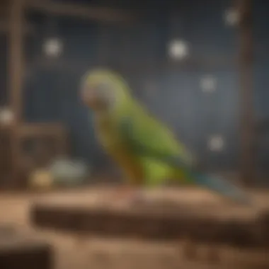 Parakeet enjoying a play area inside its cage