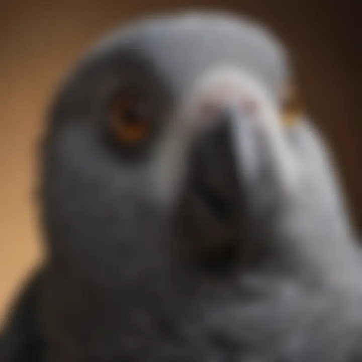 Close-up of an African Grey parrot's face displaying its keen eyes