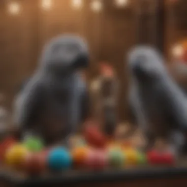 An African Grey parrot interacting with toys in a vibrant cage