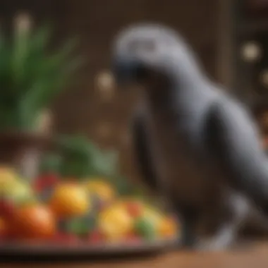 A colorful display of nutritious foods suitable for an African Grey, emphasizing proper diet.