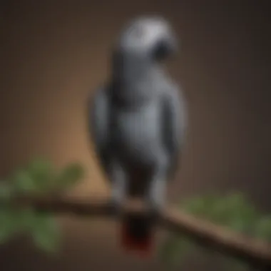 An African Grey parrot perched on a branch showcasing its sleek feathers