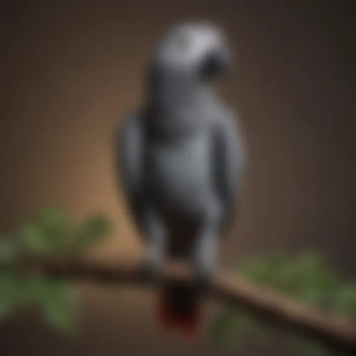 An African Grey parrot perched on a branch showcasing its sleek feathers