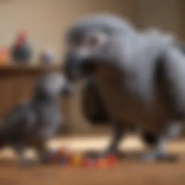 An African Grey engaged in playful interaction with toys, demonstrating its intelligence and curiosity.