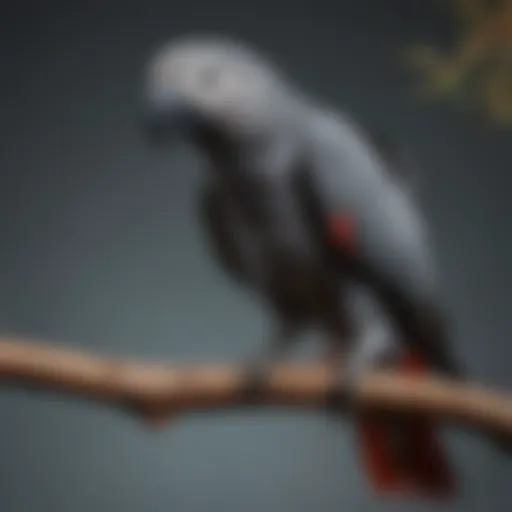 A vibrant African Grey parrot perched on a wooden branch, showcasing its striking plumage.