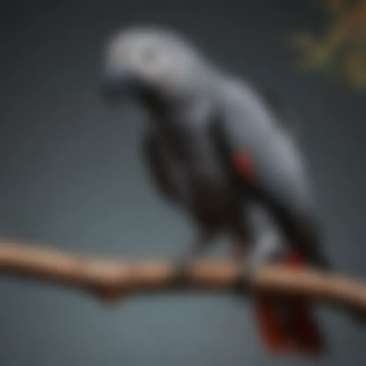 A vibrant African Grey parrot perched on a wooden branch, showcasing its striking plumage.