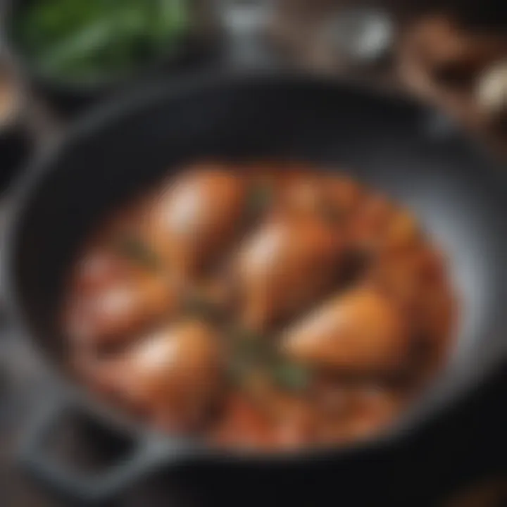 Close-up of cast iron skillet showcasing its natural seasoned surface.