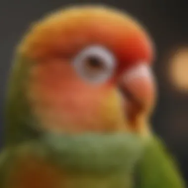 A close-up of a lovebird displaying its unique facial features and eye-catching colors.