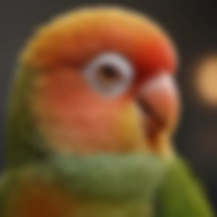 A close-up of a lovebird displaying its unique facial features and eye-catching colors.