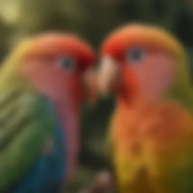 Two lovebirds engaging in playful behavior, illustrating their social nature and the importance of companionship.