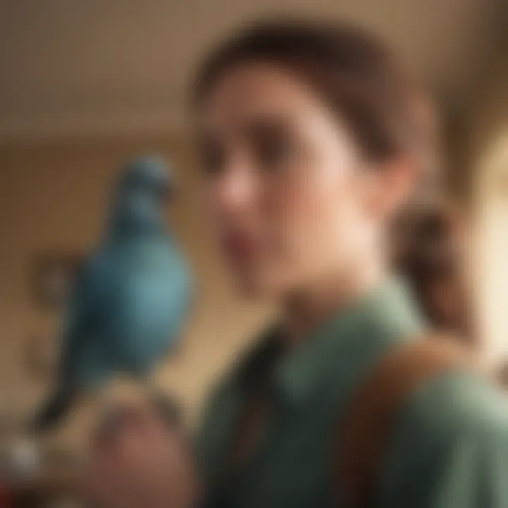 A serene image of a bird owner bonding with a pet bird on their shoulder inside an apartment.