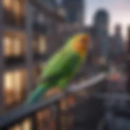 A colorful parakeet perched on a stylish apartment balcony railing, overlooking the city skyline.