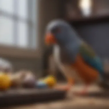 Interactive Playtime: Engaging Pet Bird A pet bird interacting playfully with toys, highlighting enrichment activities.