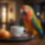 A vibrant parrot perched next to a coffee cup, contemplating its effects