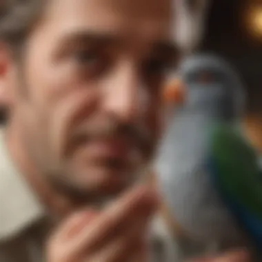 A person interacting closely with a pet bird, fostering connection