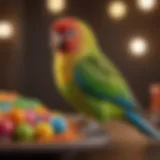 A vibrant parakeet perched on a colorful toy