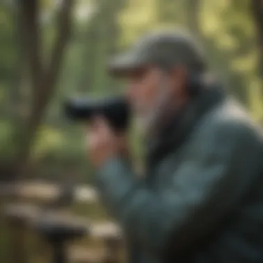 A tranquil view of a birdwatching enthusiast observing avifauna