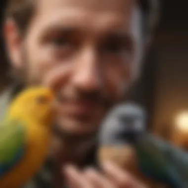 A close-up of a bird owner bonding with their pet bird