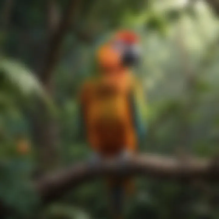 A vibrant parrot perched on a branch with a lush background